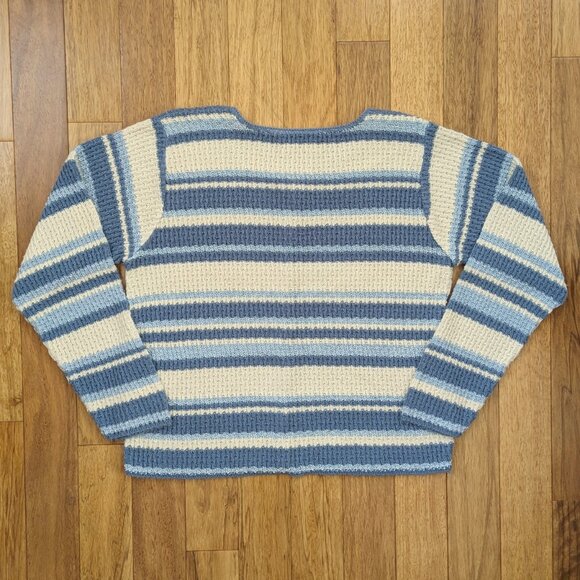 VTG 90s Y2K Blue & Cream White Striped Knit Long-Sleeve Oversized Cardigan - Picture 2 of 5